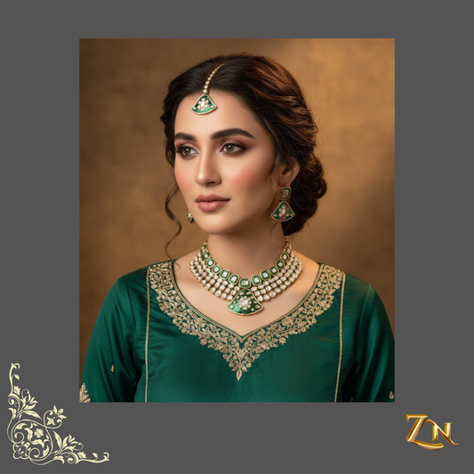 Handcrafted Gold Plated  GUTKA Kundan Choker Set with Green Enamel